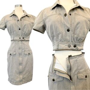 Vintage Alberta Ferretti Italy 2 PC 80s Khaki Denim Crop Jacket Zipper Dress 44
